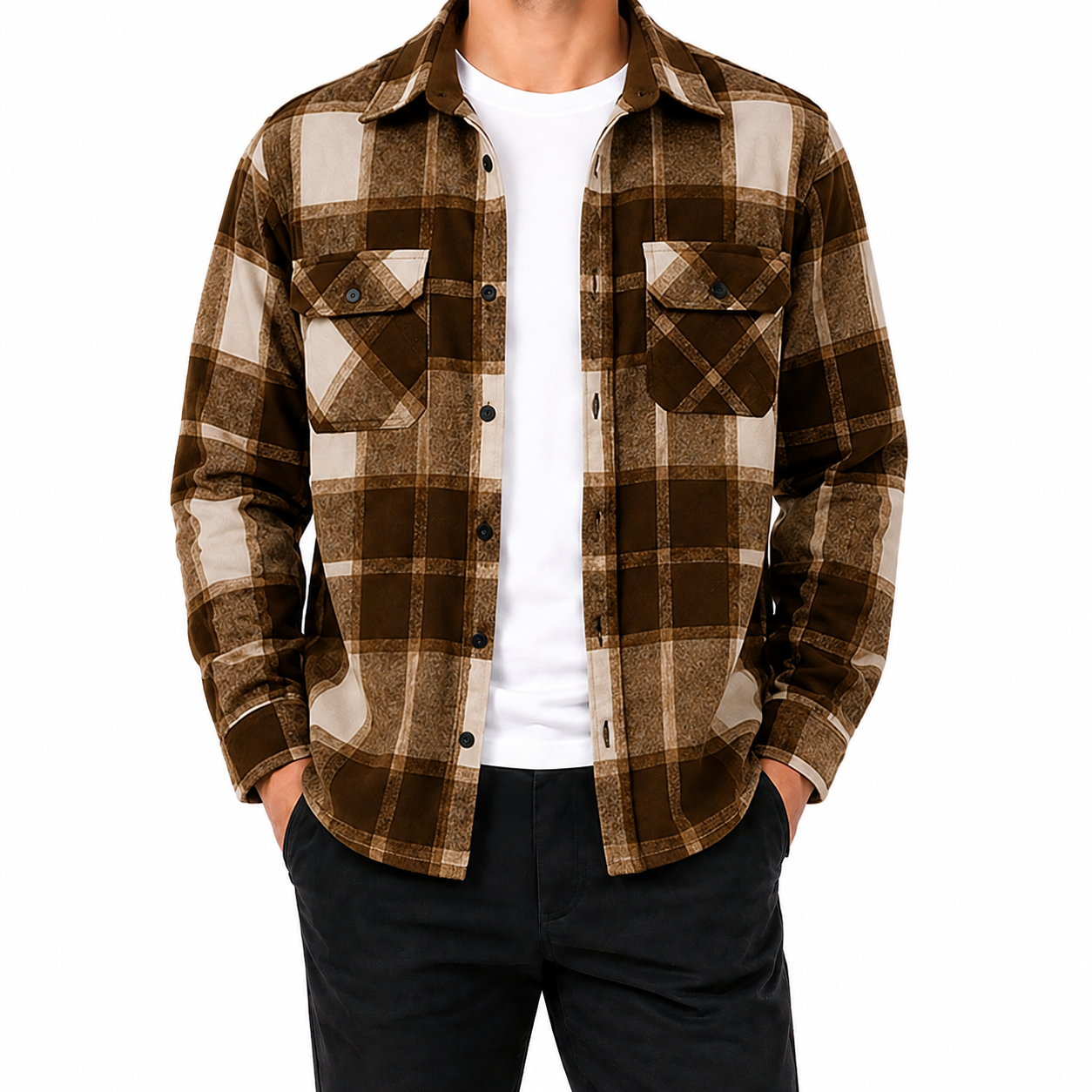 Brown and tan plaid flannel shirt front view