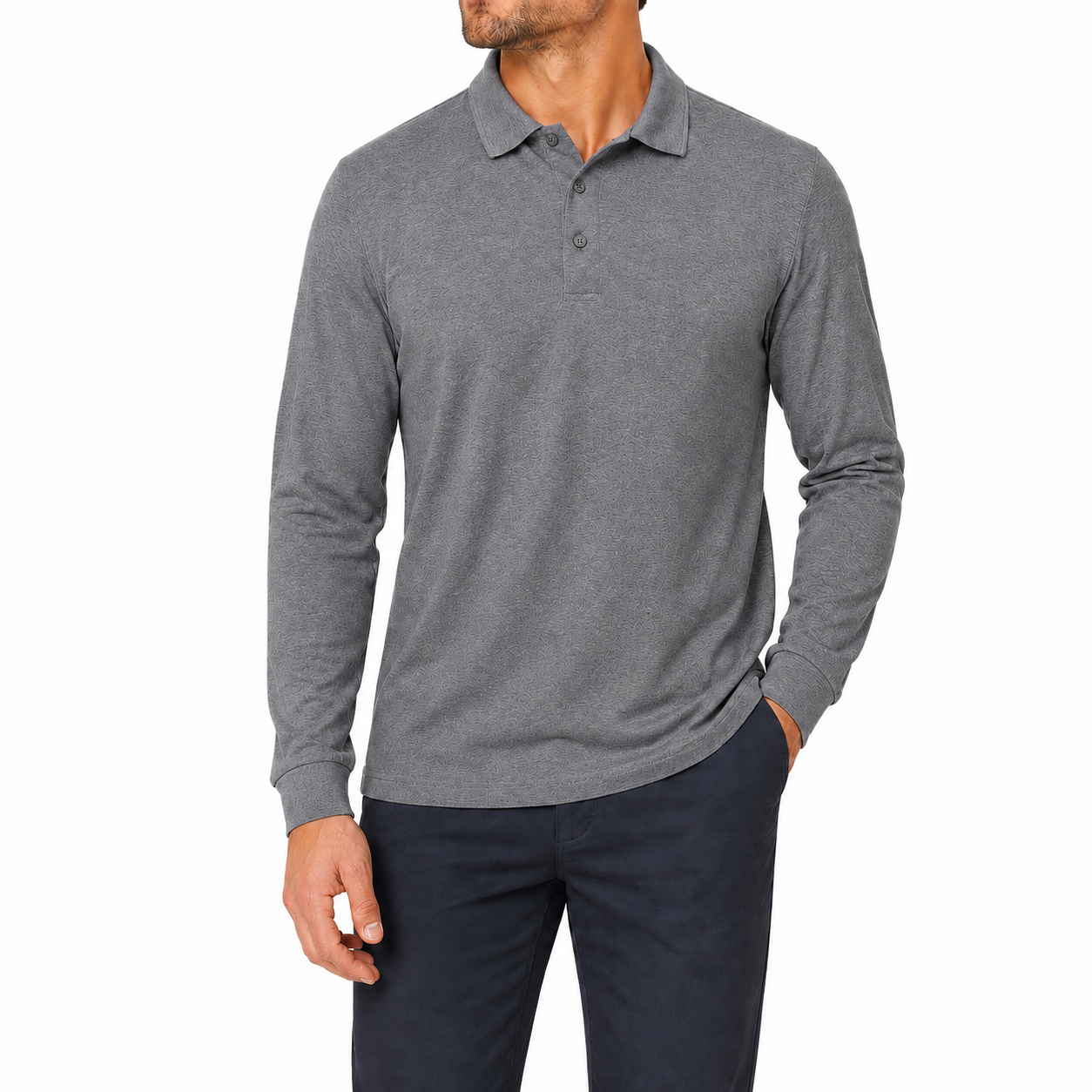 Charcoal textured long sleeve polo shirt front view