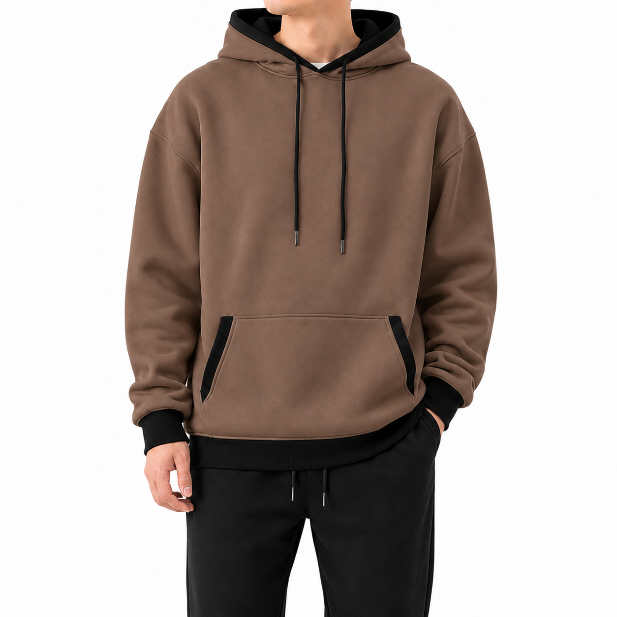 Cocoa Brown pullover hoodie with black contrast trim, front view