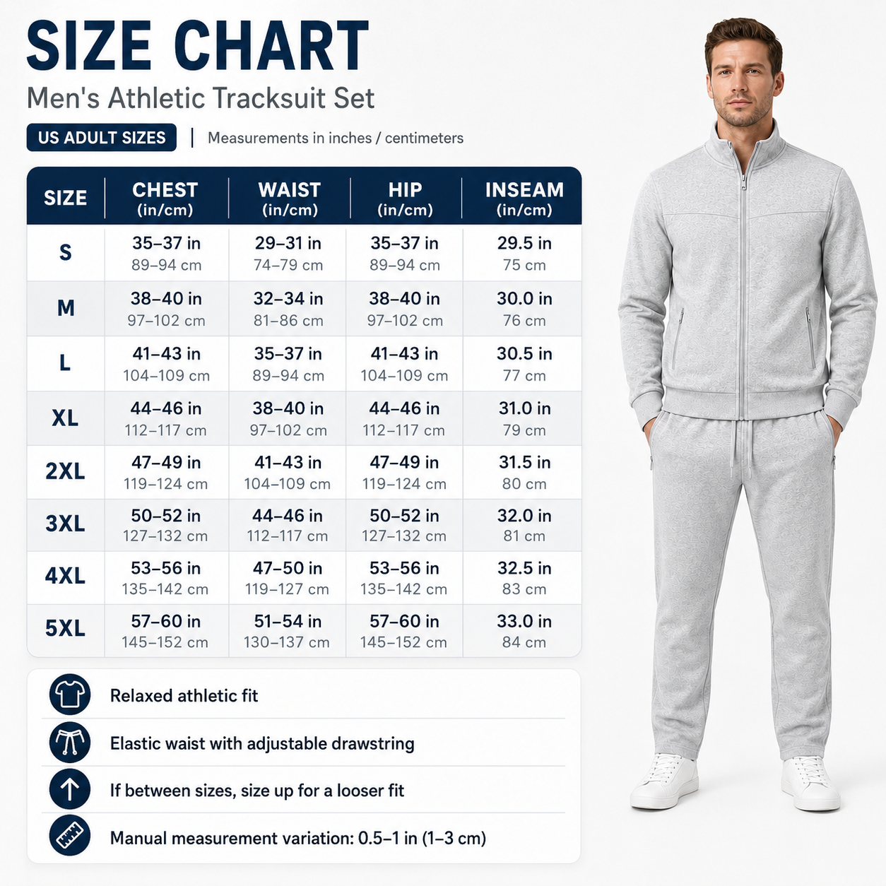 Men's athletic tracksuit size chart S to 5XL