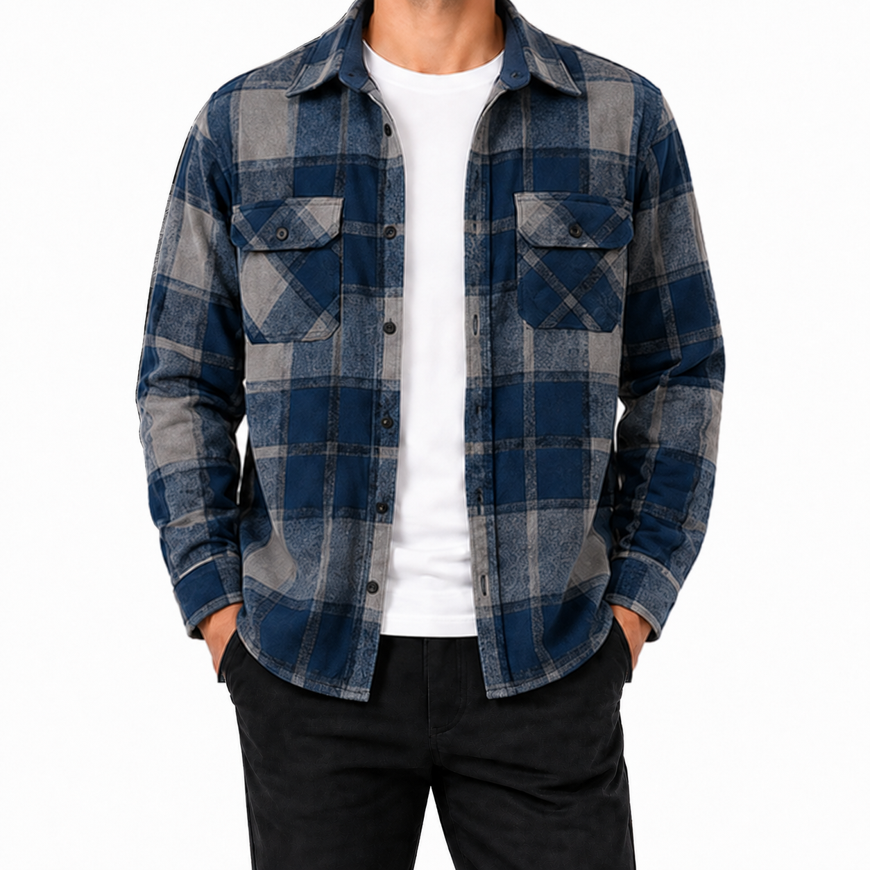 Blue and gray plaid flannel shirt front view