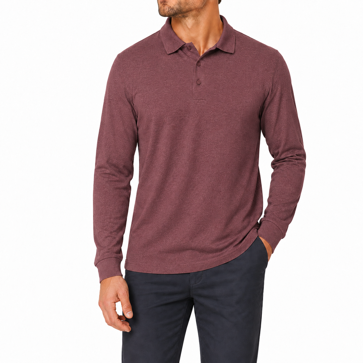 Burgundy textured long sleeve polo shirt front view