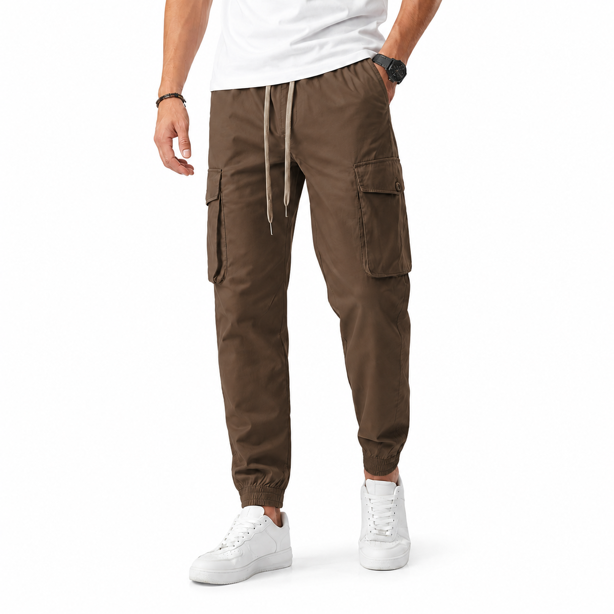 Coffee brown men's cargo jogger pants front view