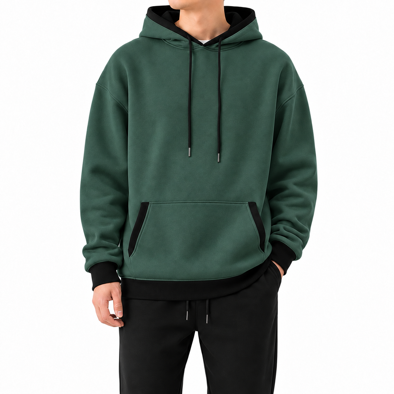 Forest Green pullover hoodie with black contrast trim, front view