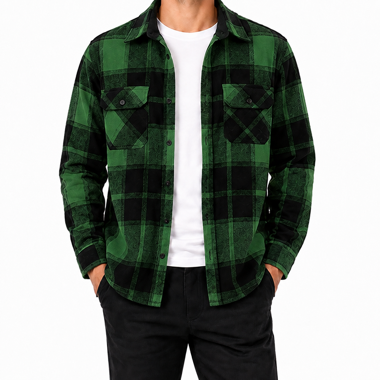 Green and black plaid flannel shirt front view