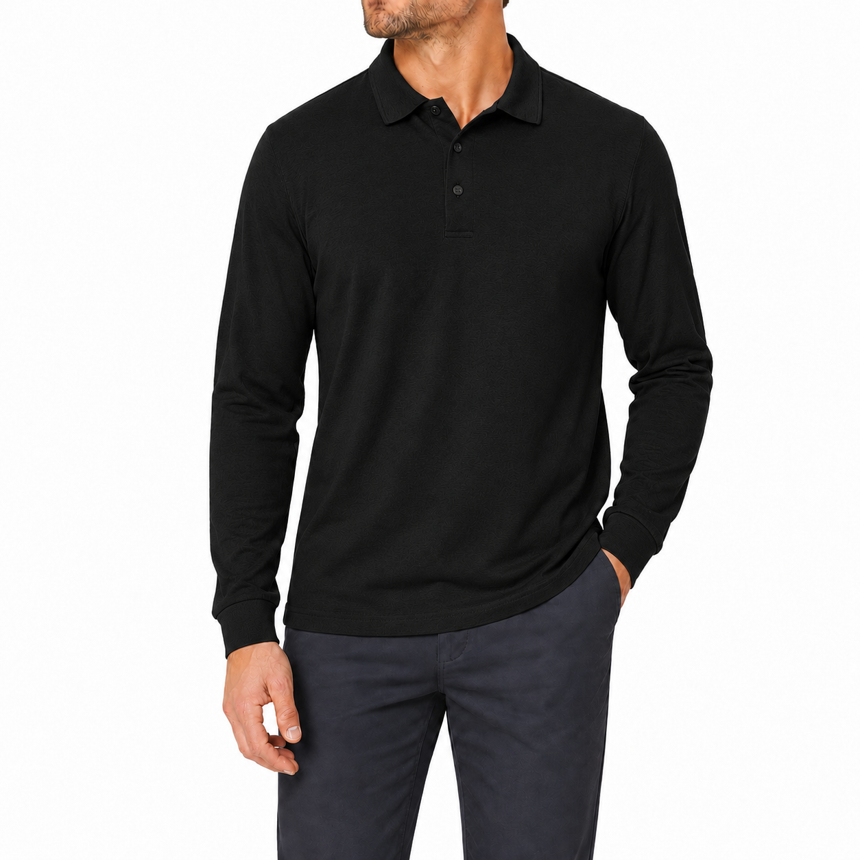 Black textured long sleeve polo shirt front view