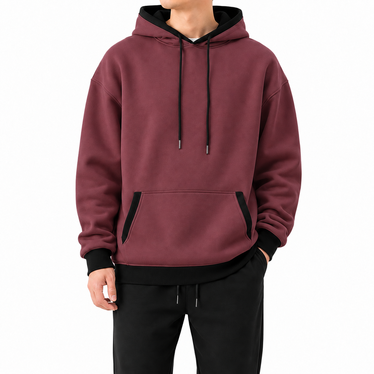 Burgundy pullover hoodie with black contrast trim, front view