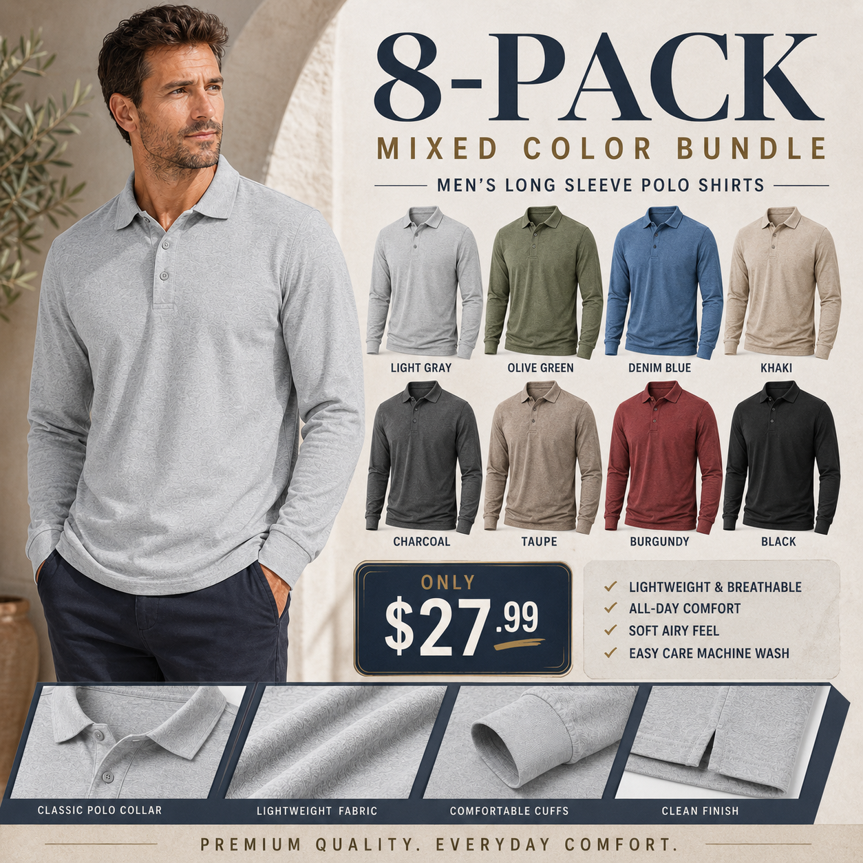Men’s textured long sleeve polo shirt mixed eight-color package