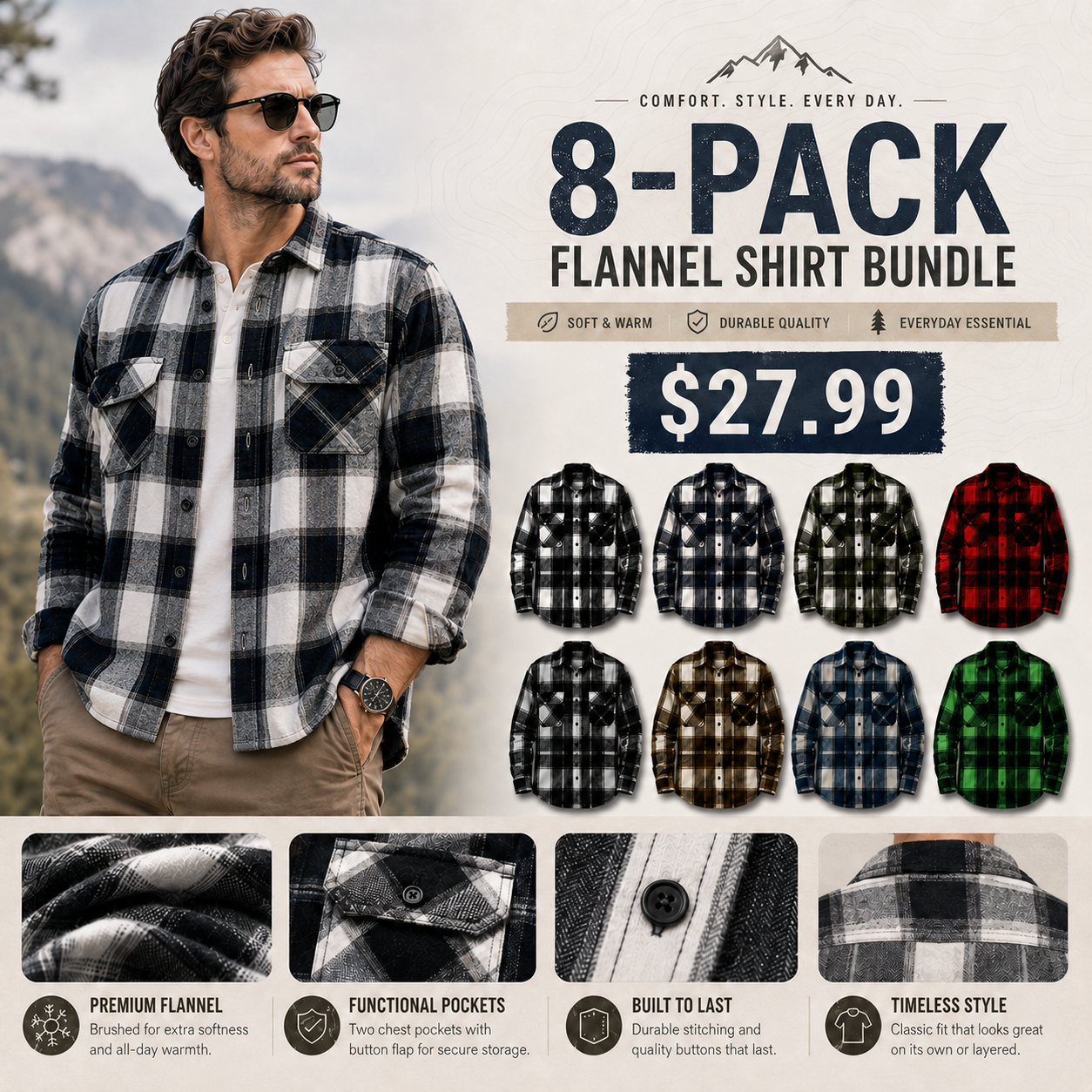 Men’s 8-pack plaid flannel shirt bundle in eight colors