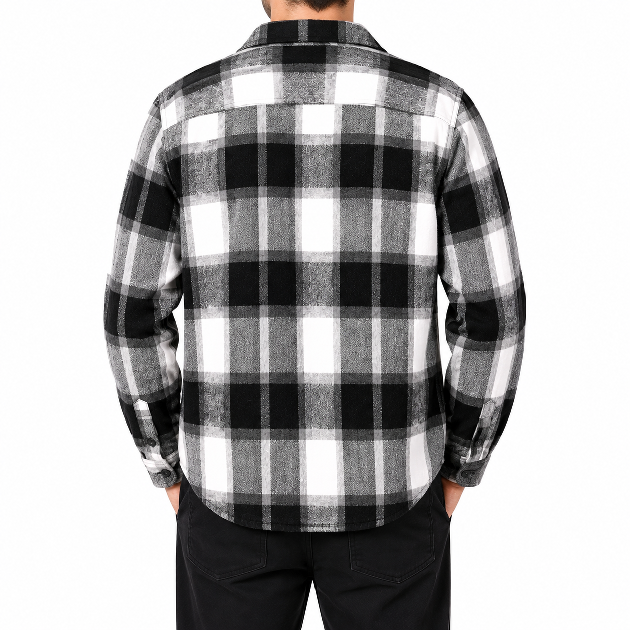 Black, white and gray plaid flannel shirt back view
