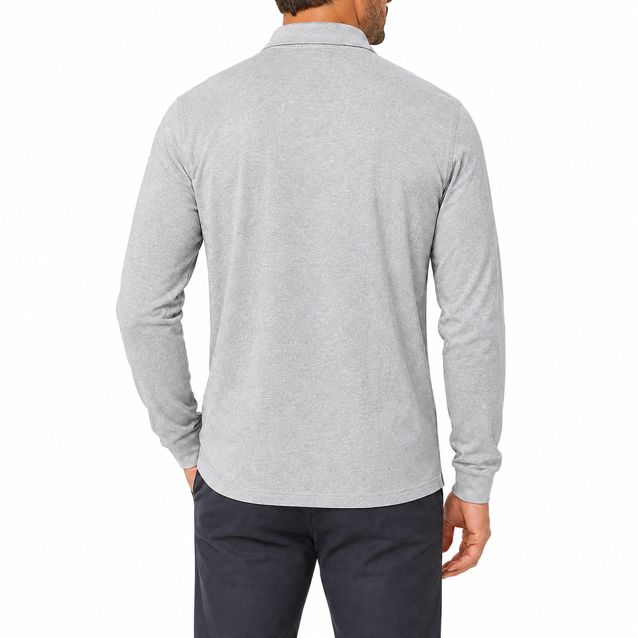 Light gray textured long sleeve polo shirt back view