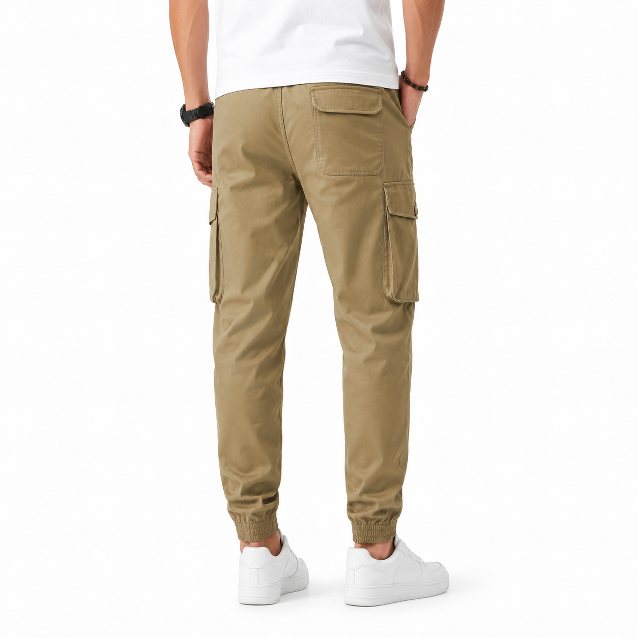 Khaki men's cargo jogger pants front view