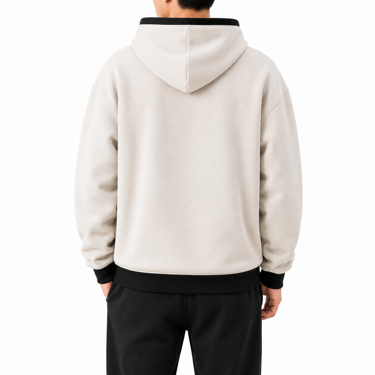 Warm Ivory pullover hoodie with black cuffs and hem, back view