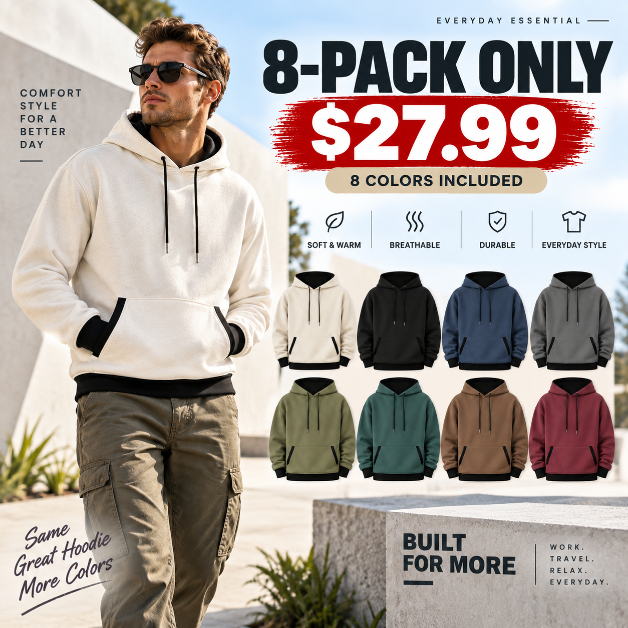 Men's pullover hoodie mixed 8-pack in eight colors