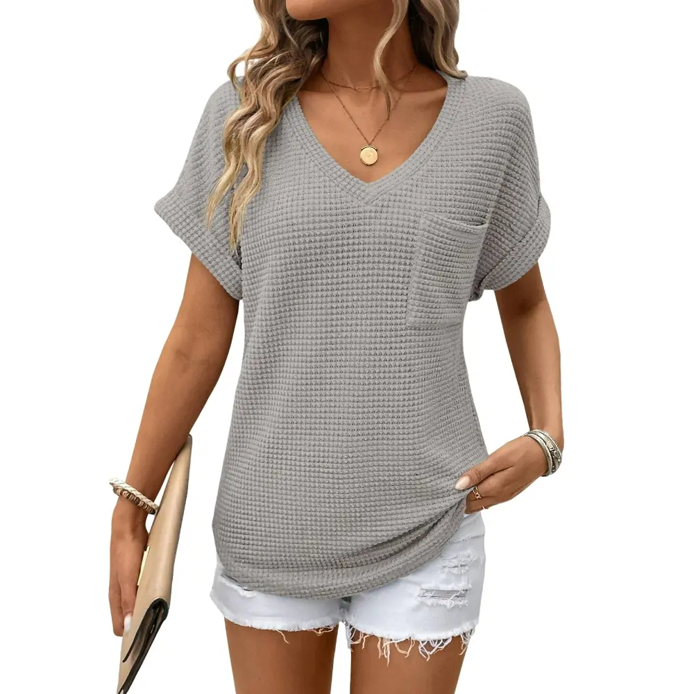 Women's Waffle Knit V-Neck Casual Summer Tops - Lightweight & Breathable Basic Tee for Beach, Party, Work