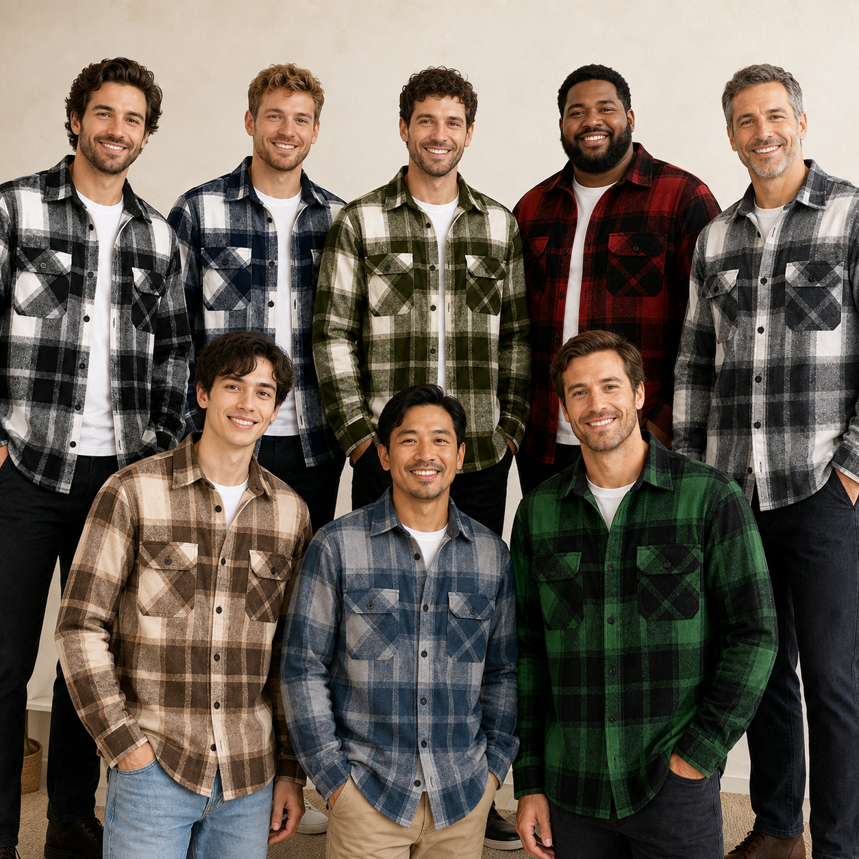 Eight adult men wearing the plaid flannel shirt color range