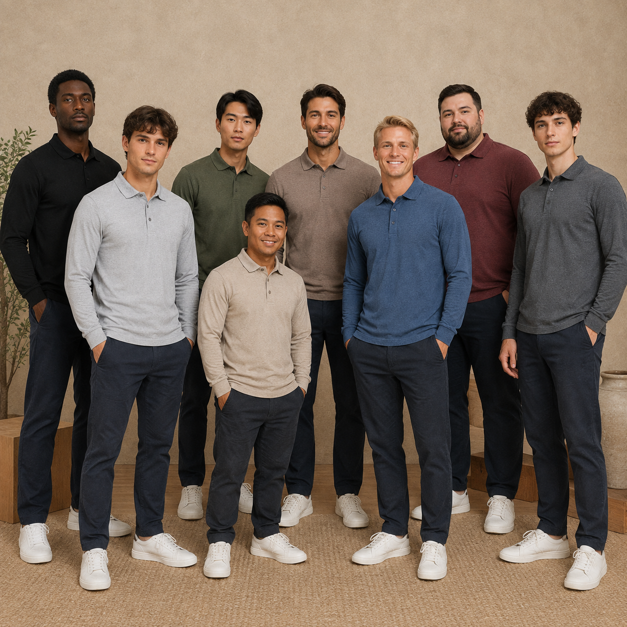 Eight adult men wearing the textured long sleeve polo color range