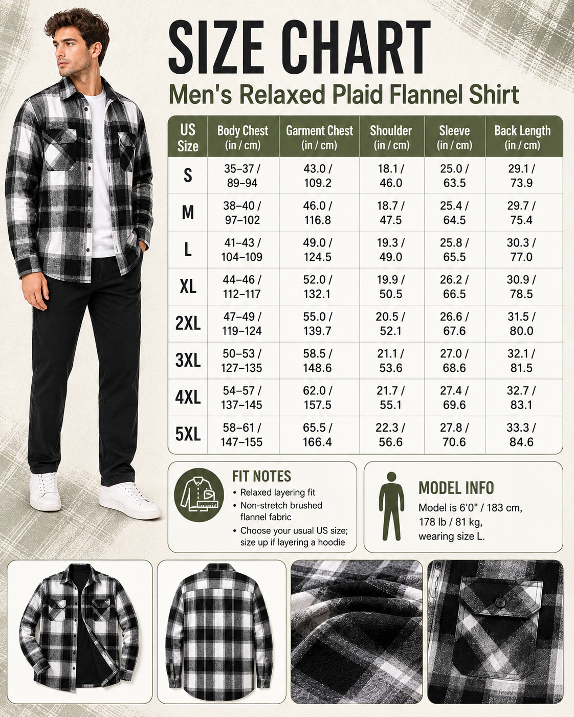 Men’s relaxed plaid flannel shirt size chart S to 5XL
