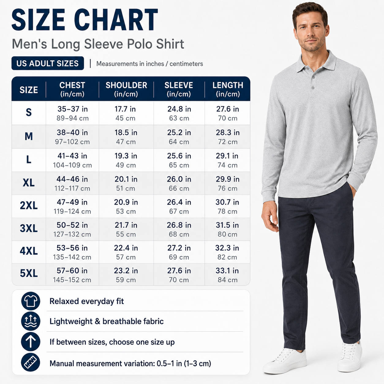 Men’s textured long sleeve polo shirt size chart S to 5XL