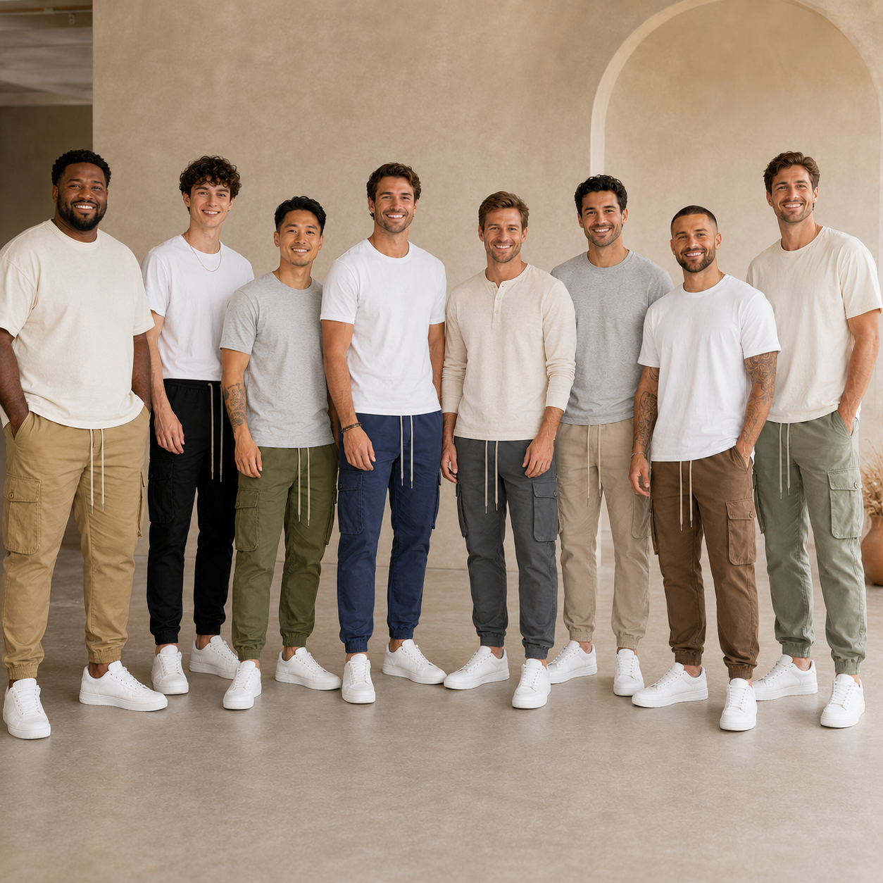 Eight adult men wearing cargo jogger pants in the full eight-color range