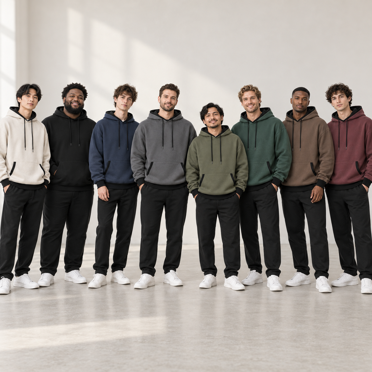 Eight adult men wearing relaxed-fit pullover hoodies in eight colors