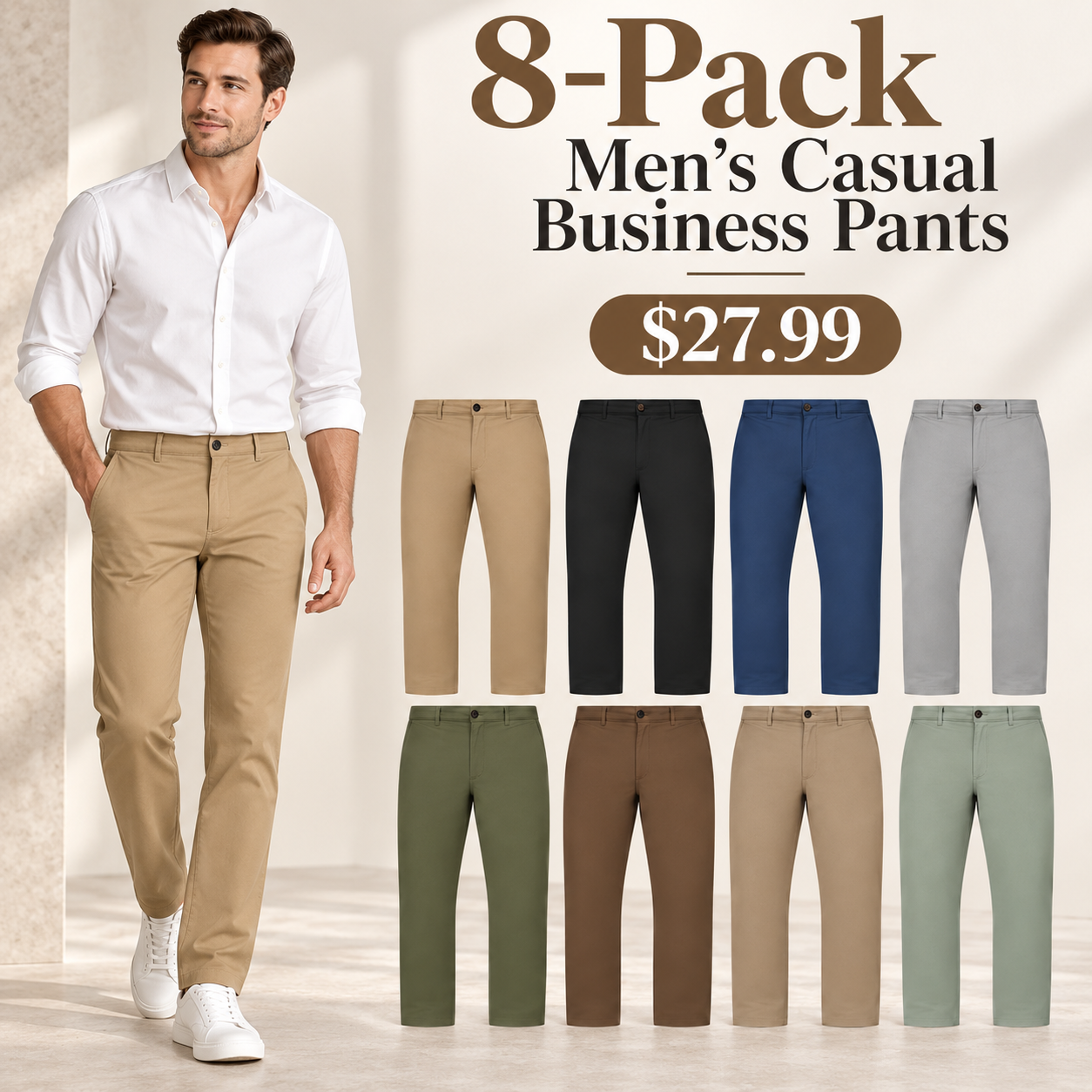 Men's casual business pants mixed 8-pack in eight versatile colors