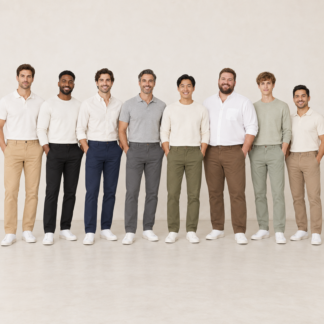 Eight adult men wearing casual business pants in eight colors