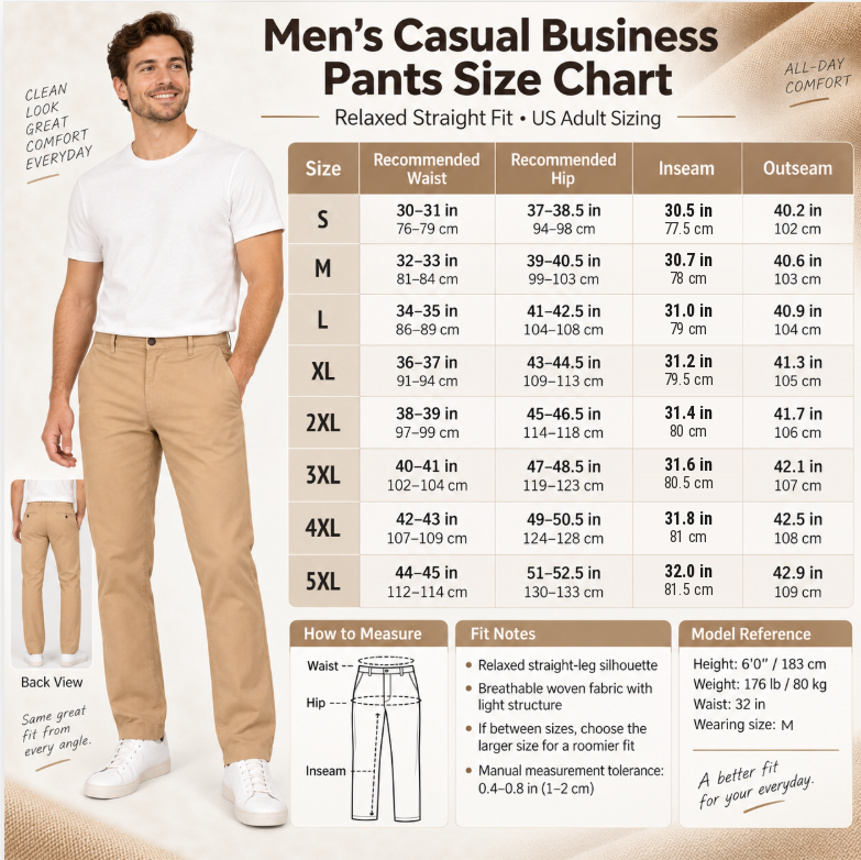 Men's casual business pants size chart S to 5XL
