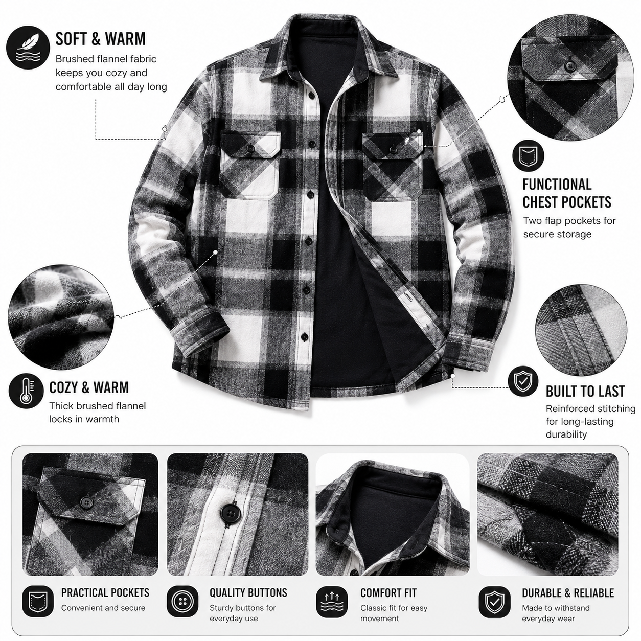 Plaid flannel shirt soft fabric, chest pockets and durable construction details