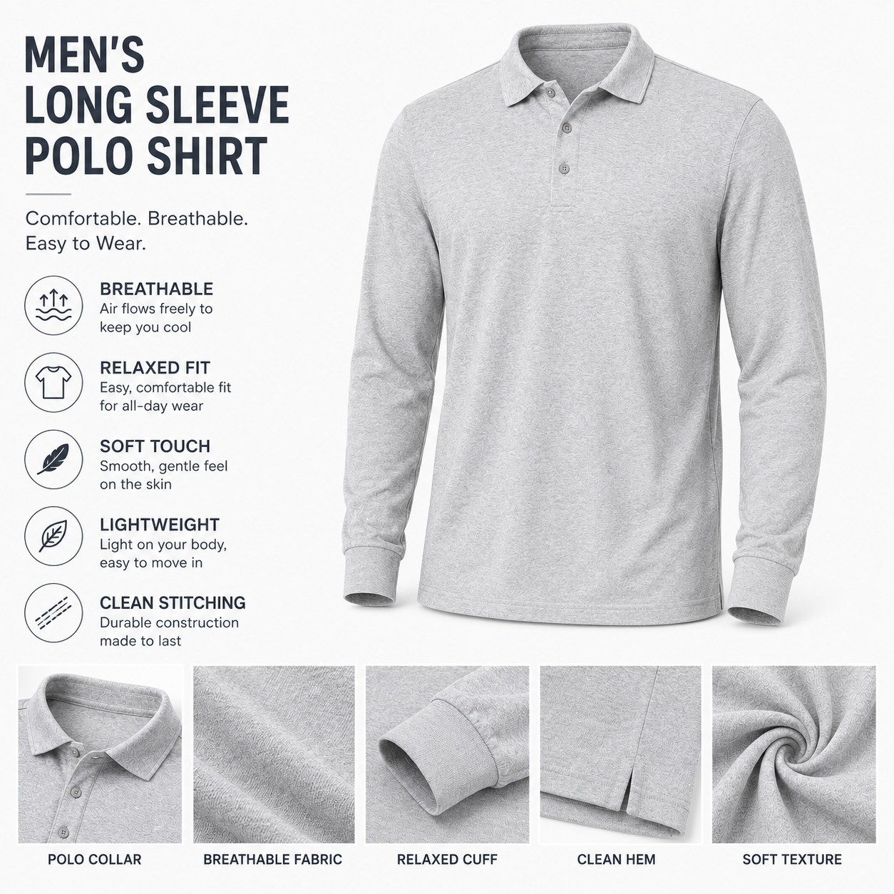 Textured polo collar, breathable fabric, cuff, hem and soft surface details