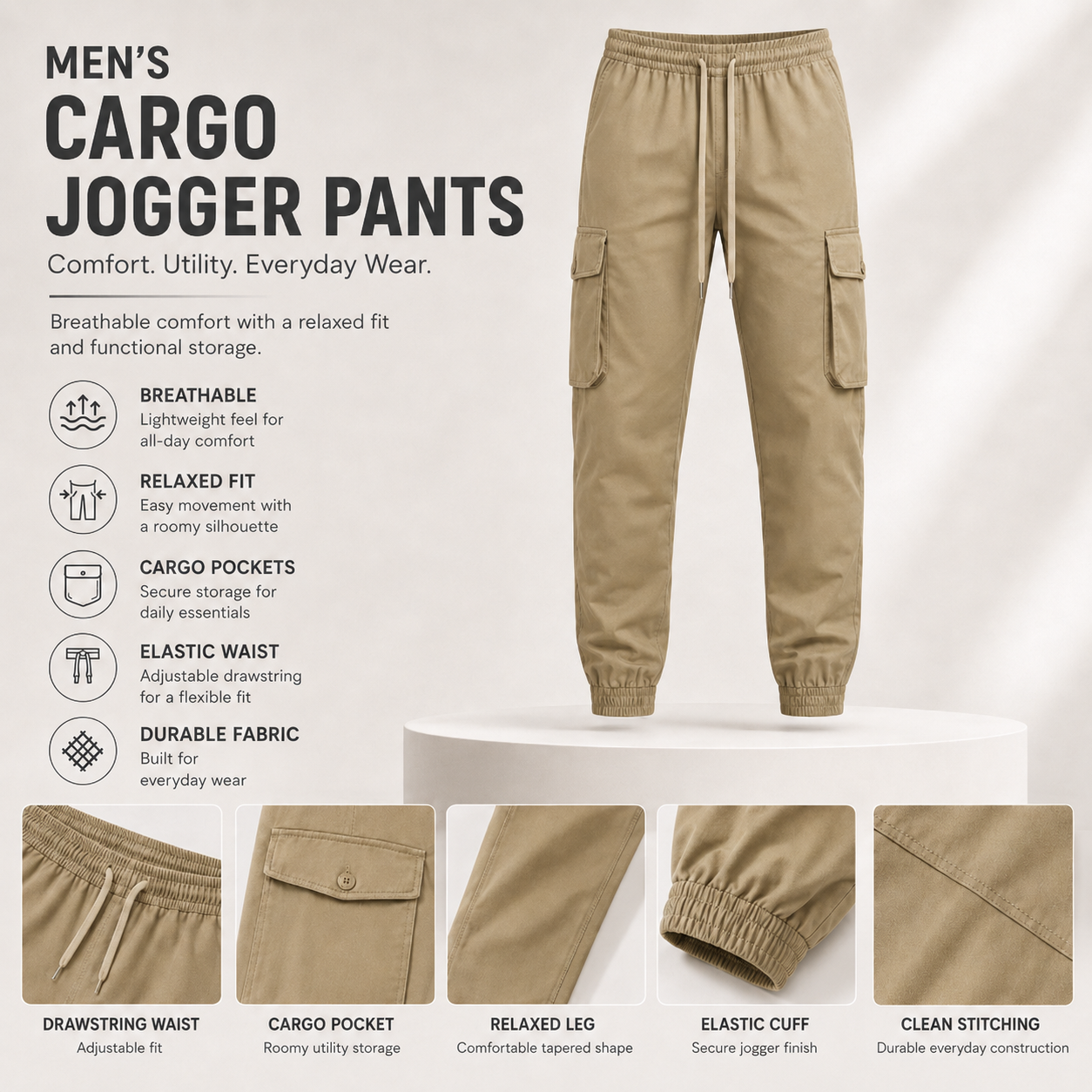 Khaki men's cargo jogger pants back view