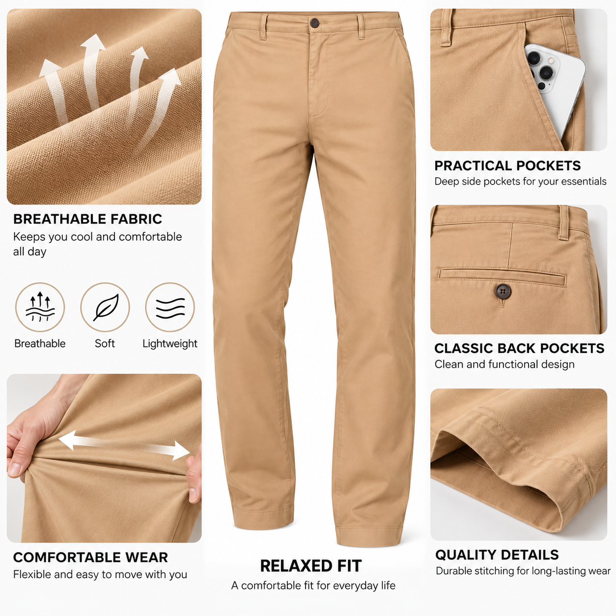 Men's casual business pants breathable fabric and pocket details