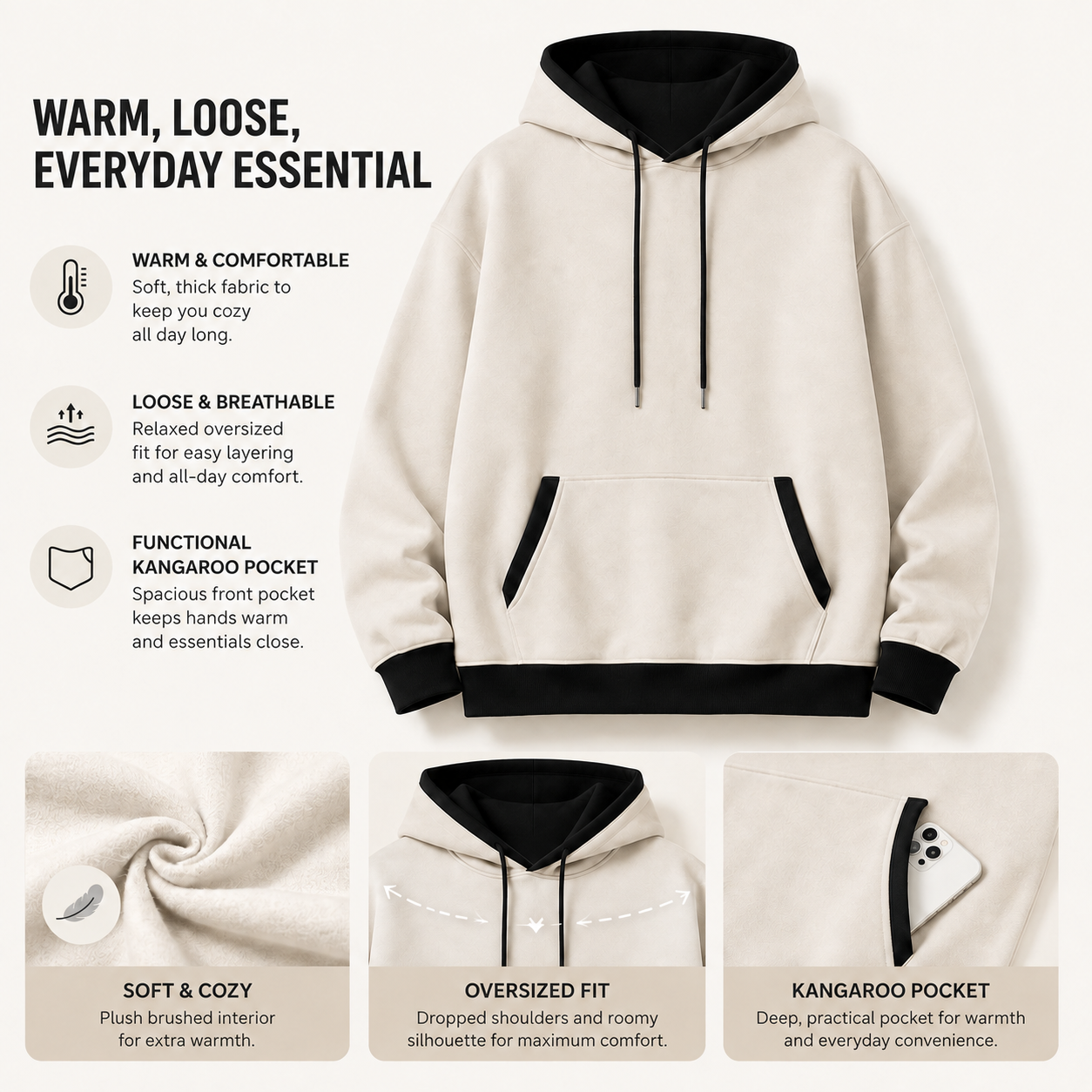 Pullover hoodie soft fabric, relaxed fit and kangaroo pocket details