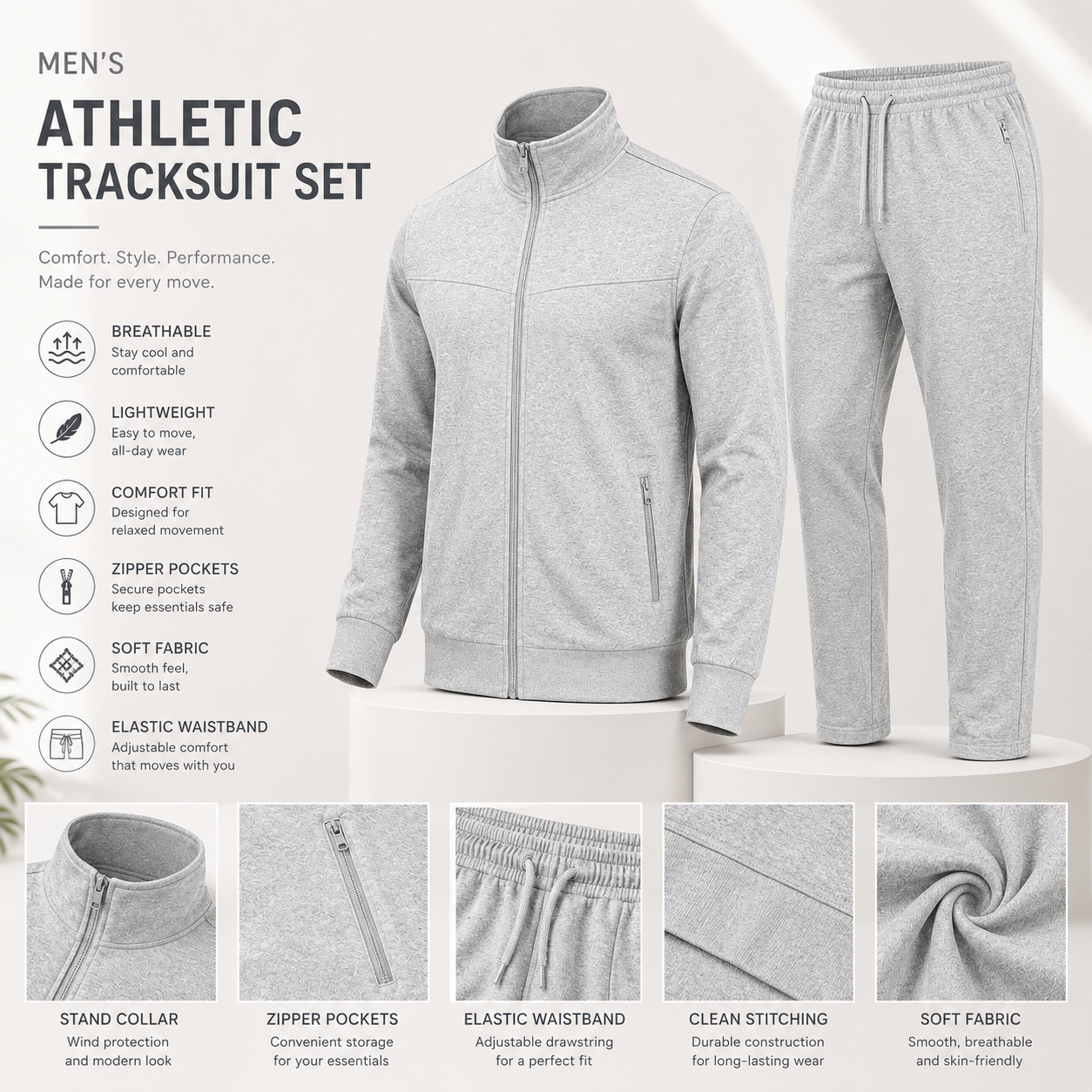 Men's athletic tracksuit stand collar zip pockets and fabric details
