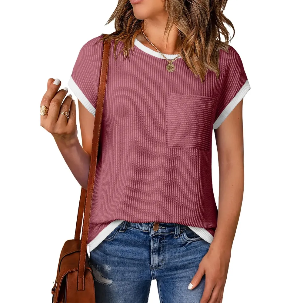 Women's Crewneck Short Sleeve Color Block Ribbed Knitwear Slim Fitted Blouses Tops