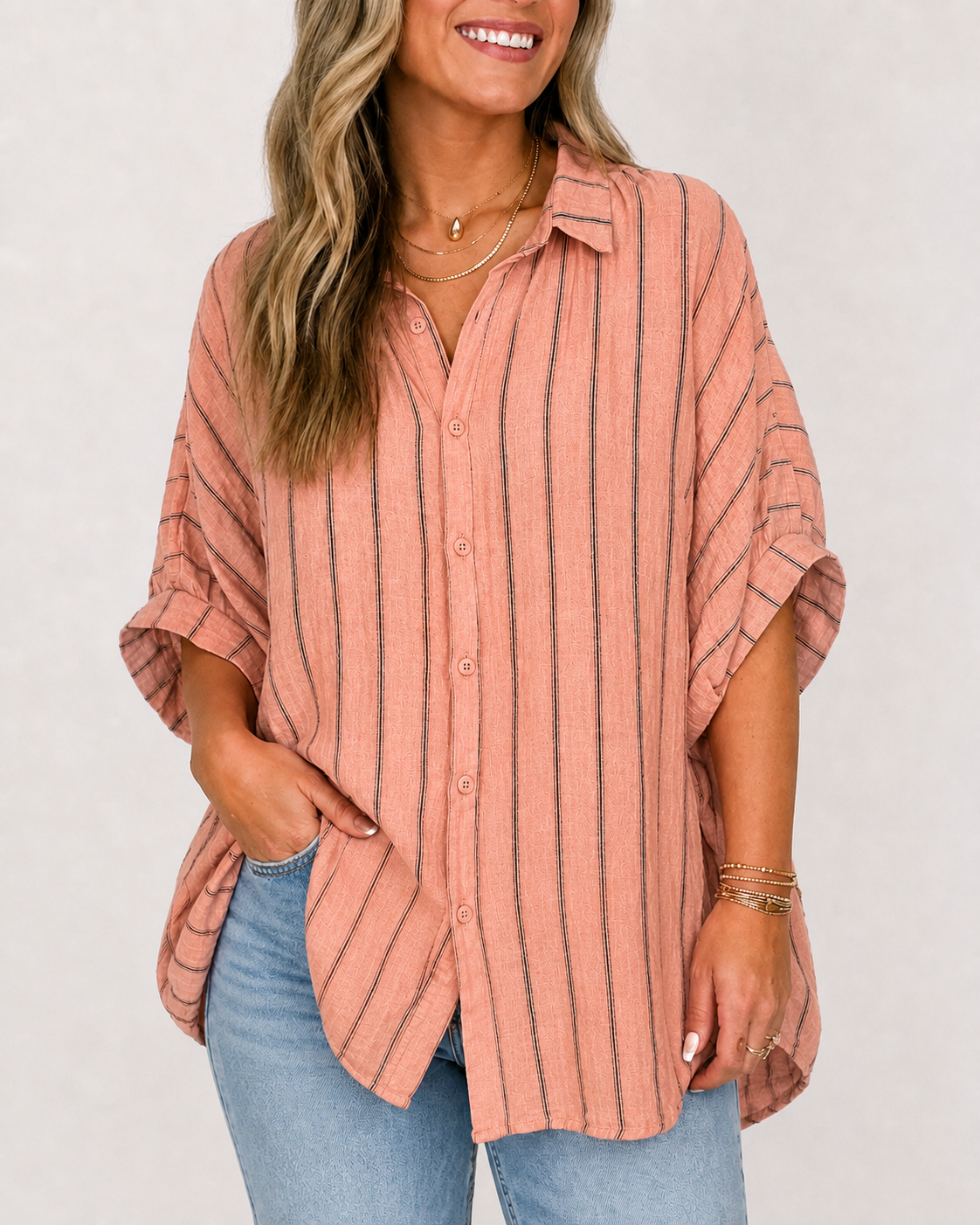 🔥Limited Deal 8-Pack Women's Cotton Linen Stripe Button-Front Tunic Blouses🔥