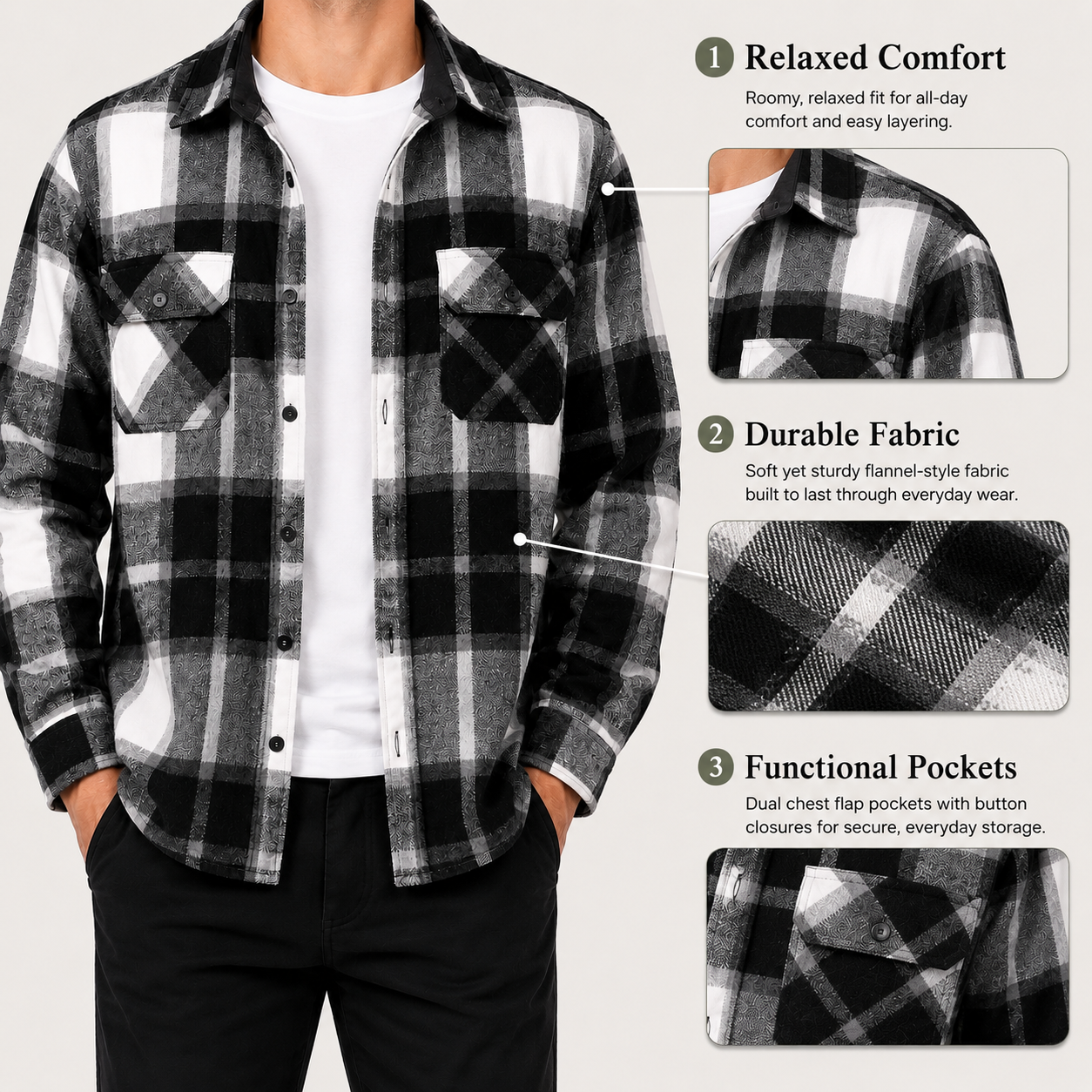 Plaid flannel shirt relaxed fit, durable fabric and functional pocket details