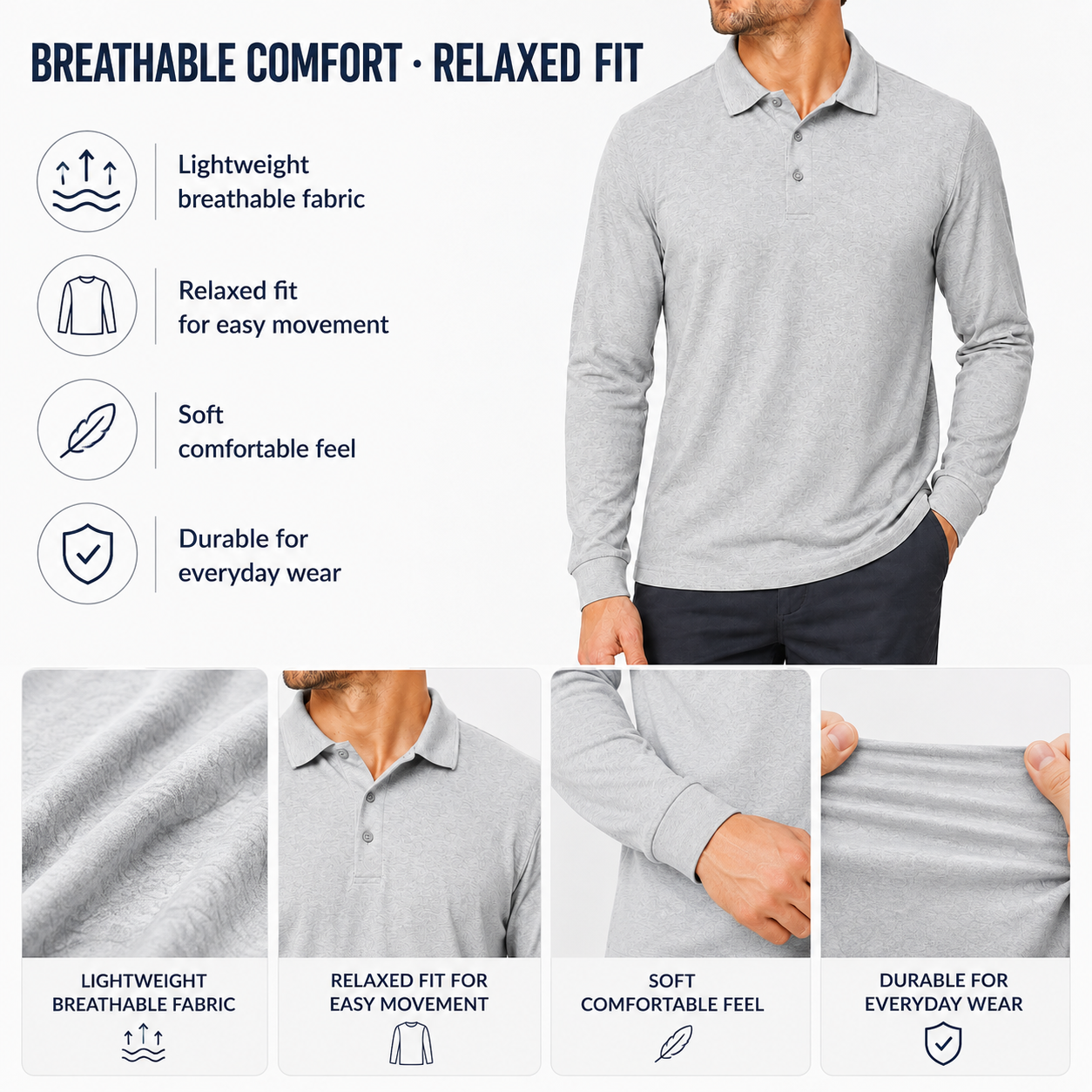 Relaxed fit, lightweight fabric, soft touch and durable polo details