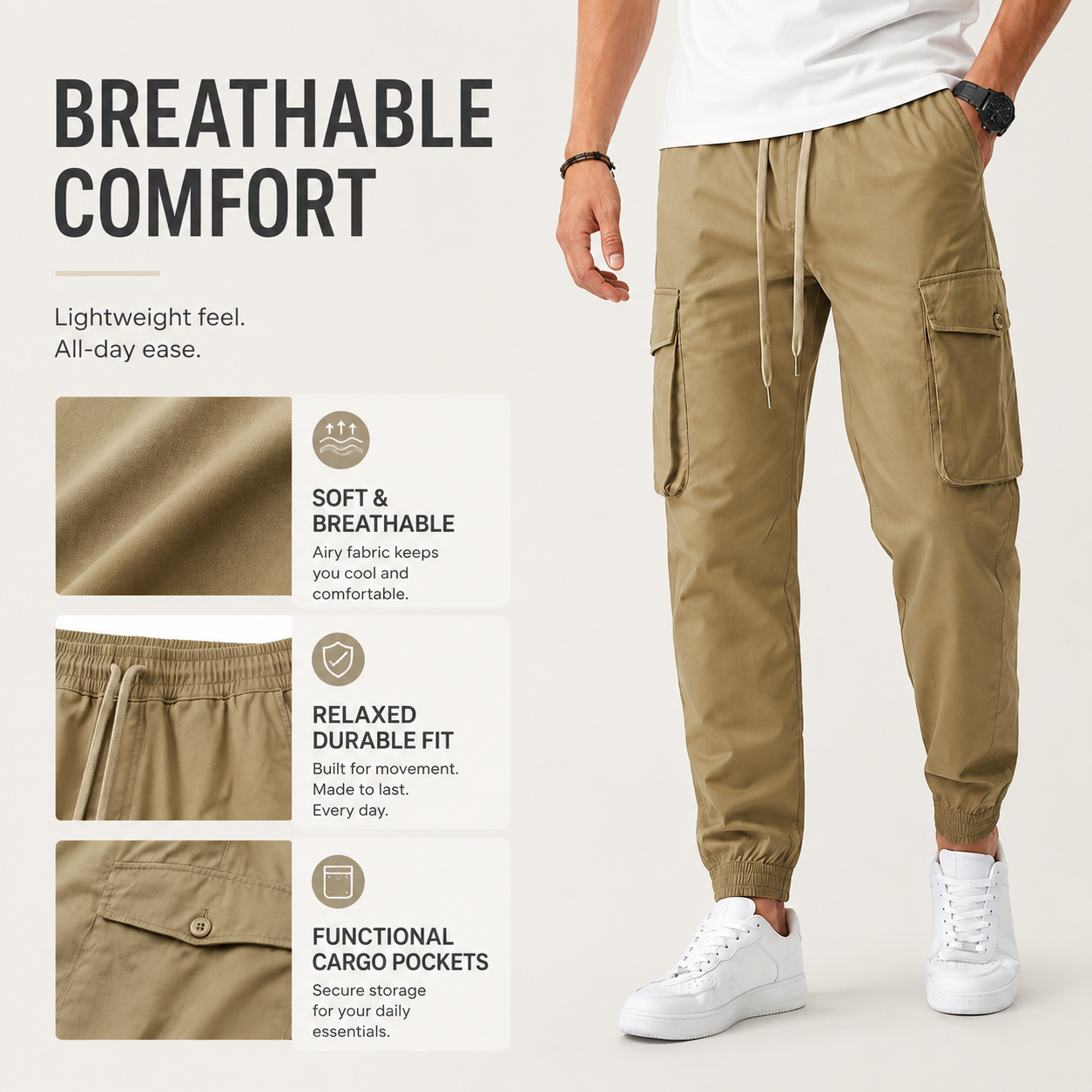 Men's cargo jogger pants adjustable waist and cargo pocket details