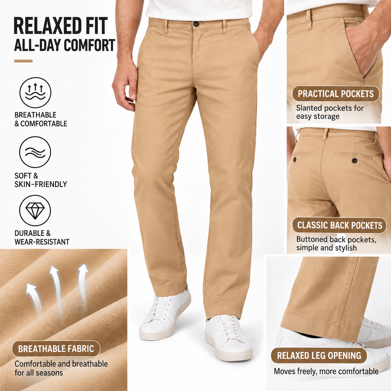 Men's relaxed straight-leg casual pants comfort and construction details