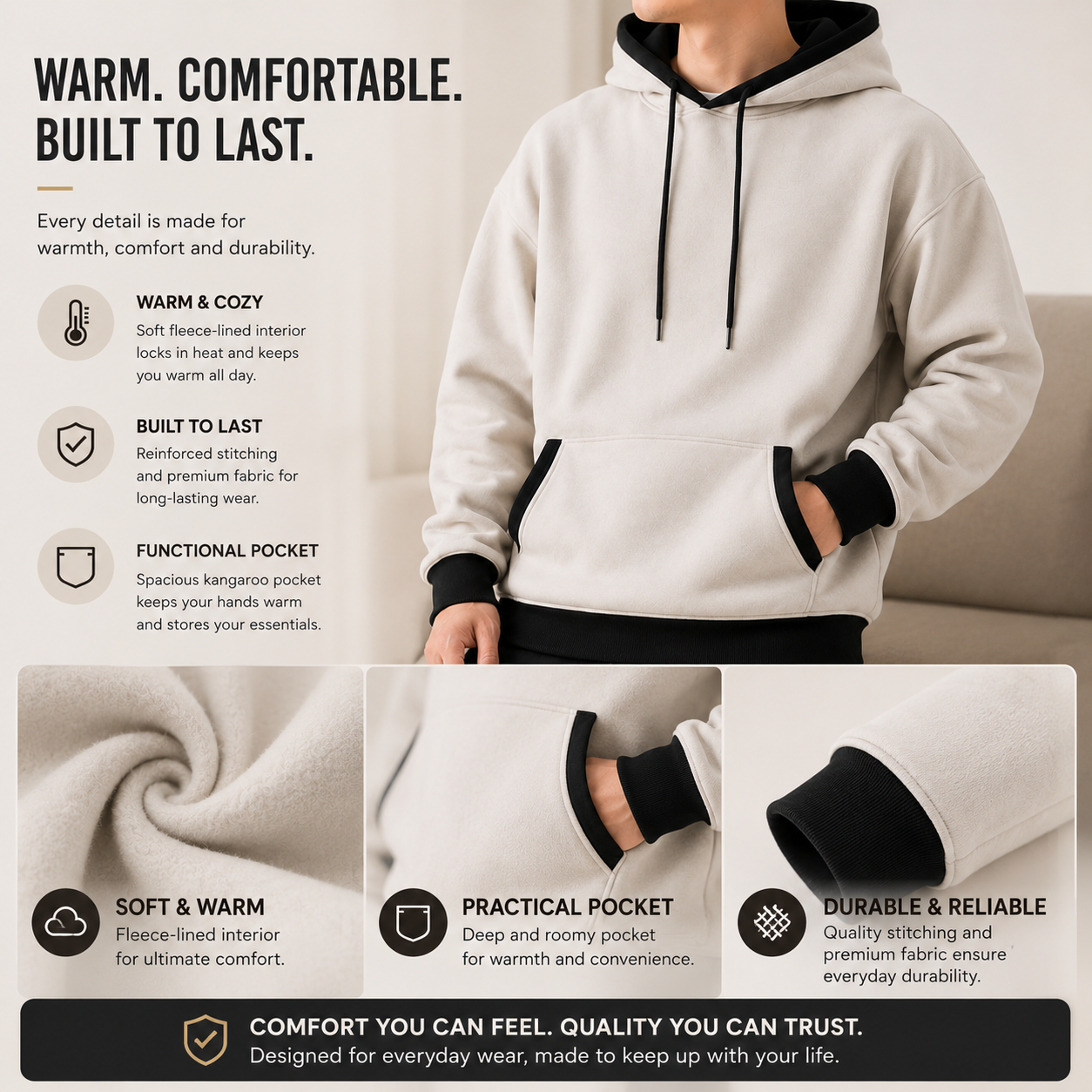 Pullover hoodie brushed interior, pocket opening and ribbed cuff details