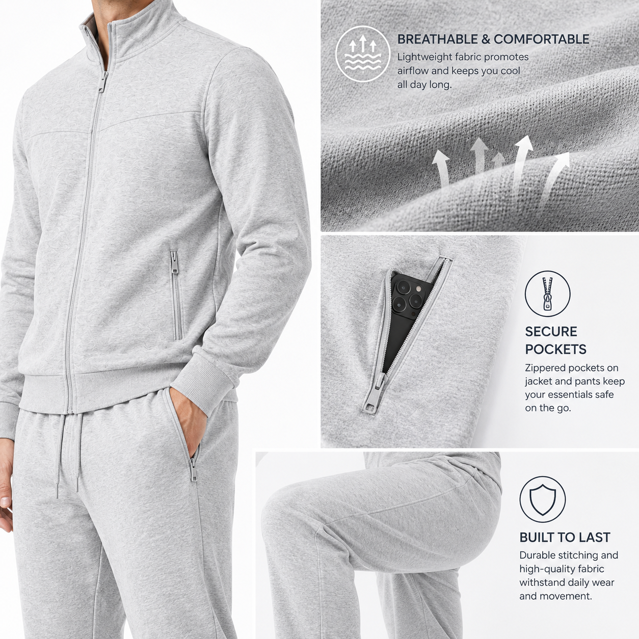 Men's athletic tracksuit breathable fabric secure pockets and durable construction