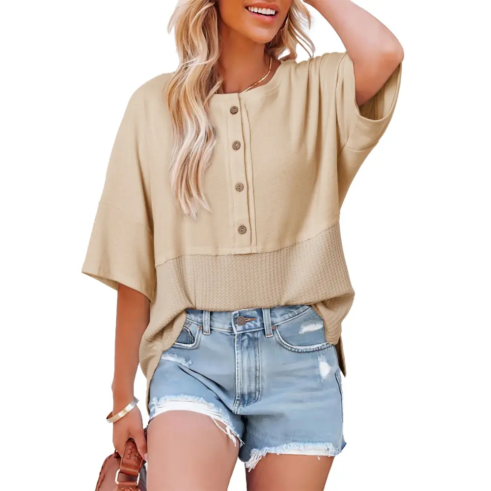 Womens Waffle Knit Tops 3/4 Sleeve Casual Button Down Shirts Crew Neck Oversized Patchwork Blouses