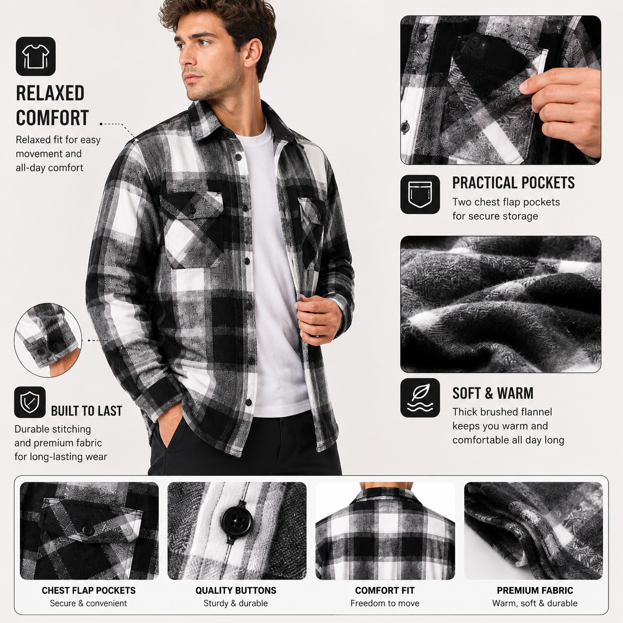 Plaid flannel shirt model, pocket, button and warm fabric detail overview