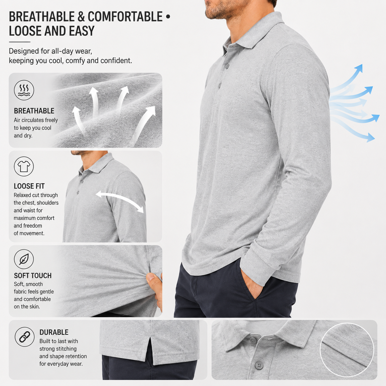 Breathable, loose, soft and durable long sleeve polo shirt details