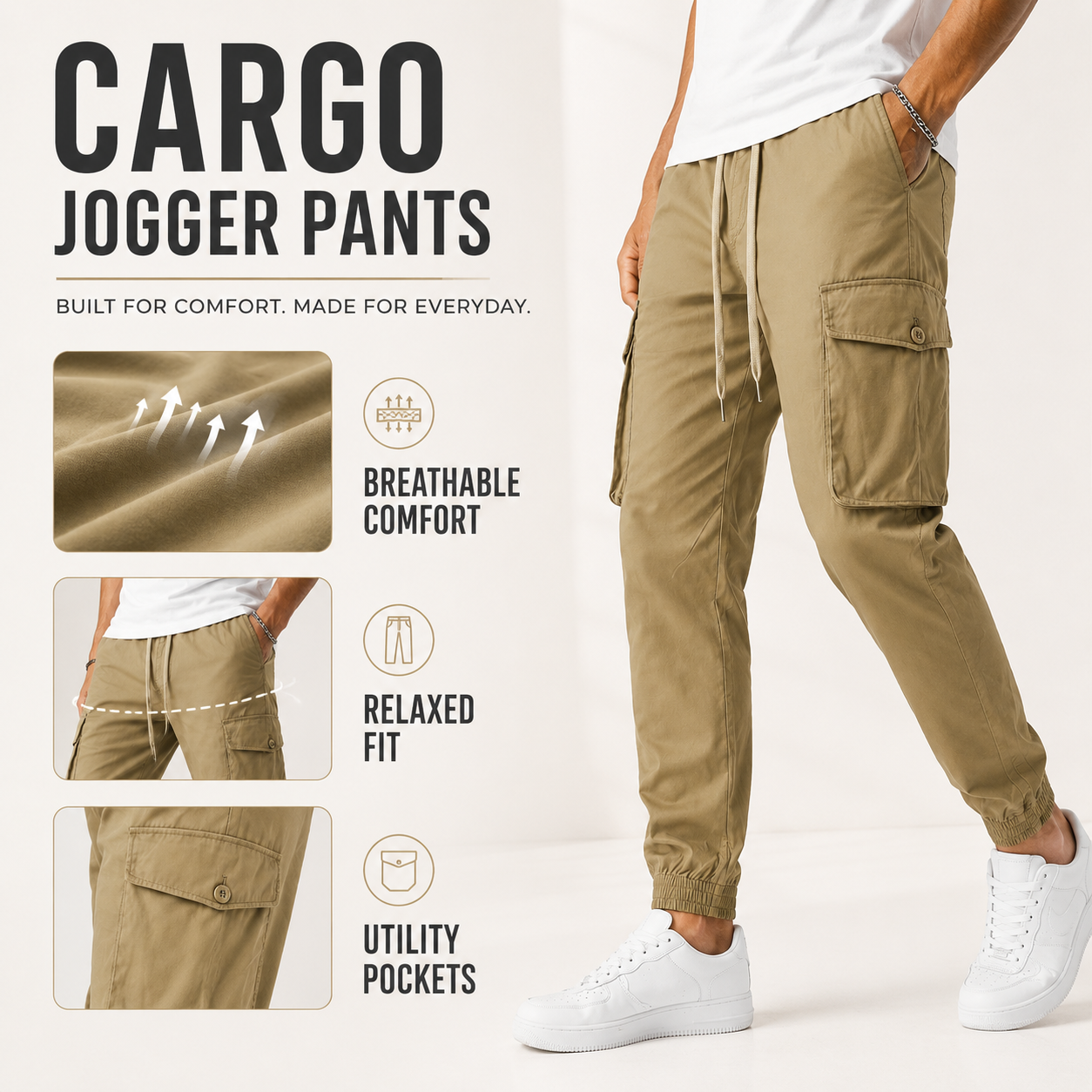 Men's cargo jogger pants breathable comfort and relaxed fit details