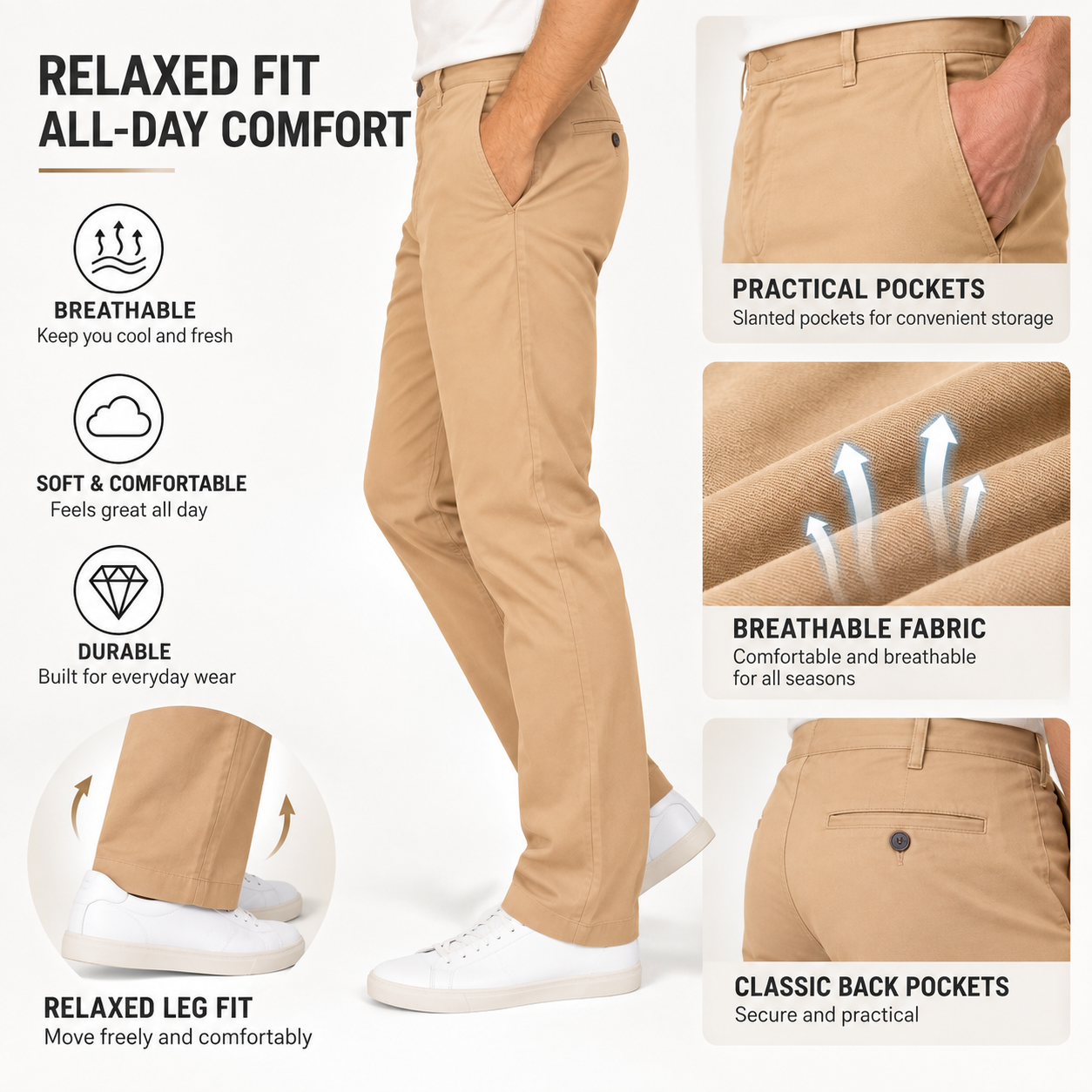 Men's casual business pants side fit, pockets and leg opening details