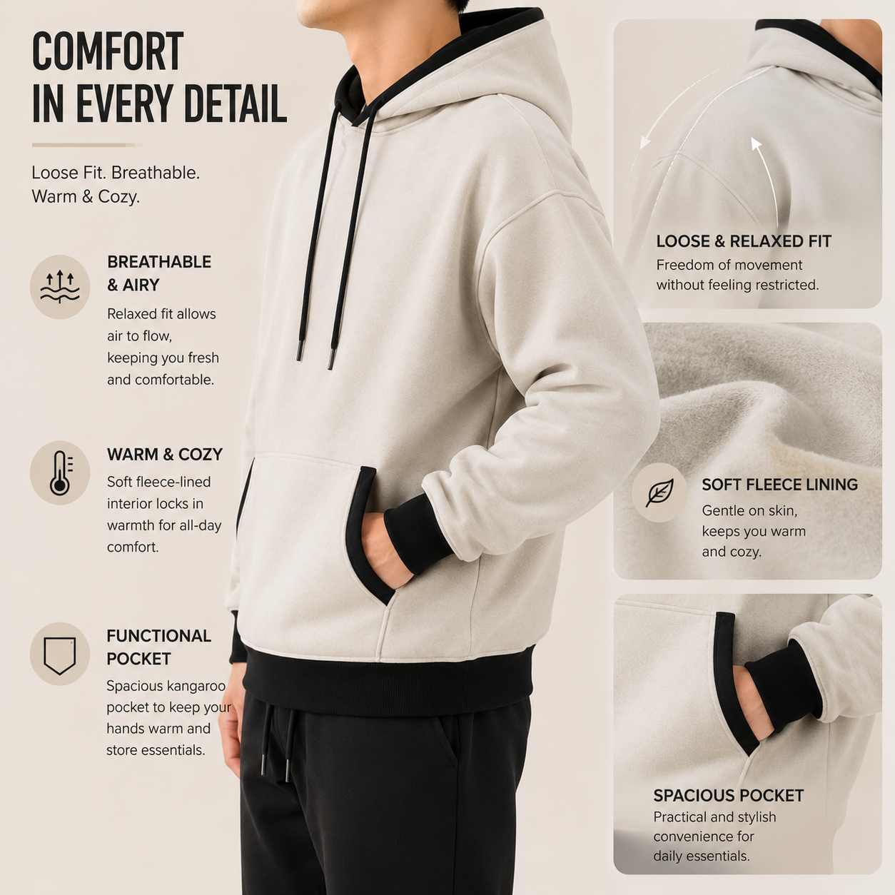 Pullover hoodie side view, dropped shoulders and soft interior details
