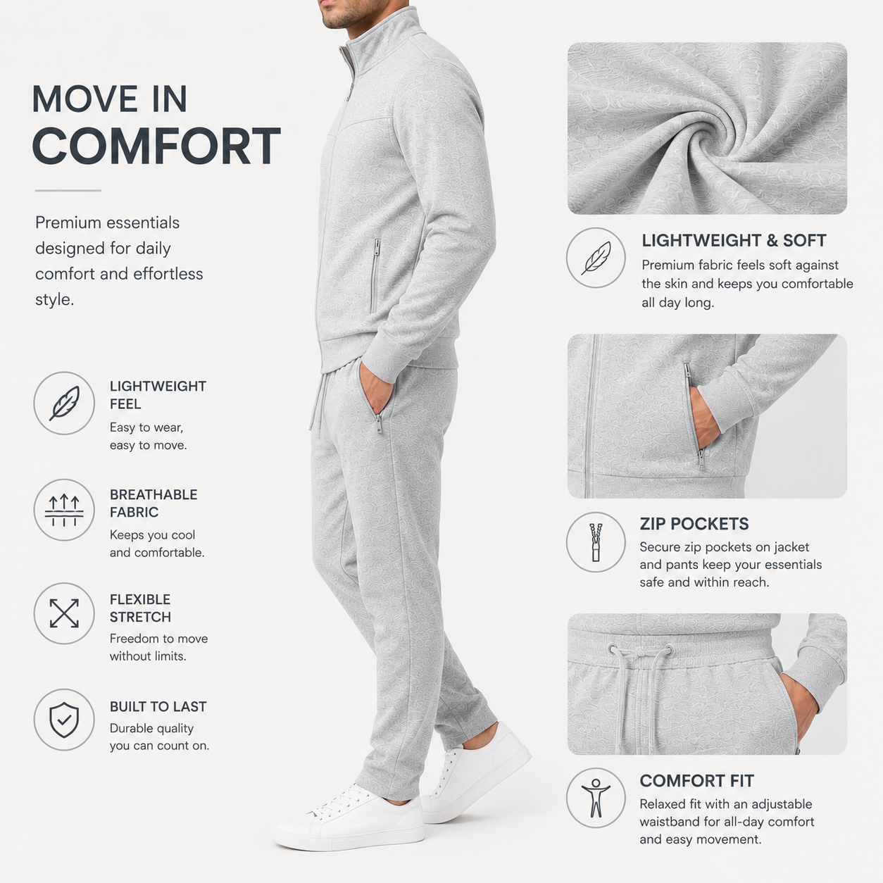 Men's athletic tracksuit lightweight comfort fit and zip pocket details