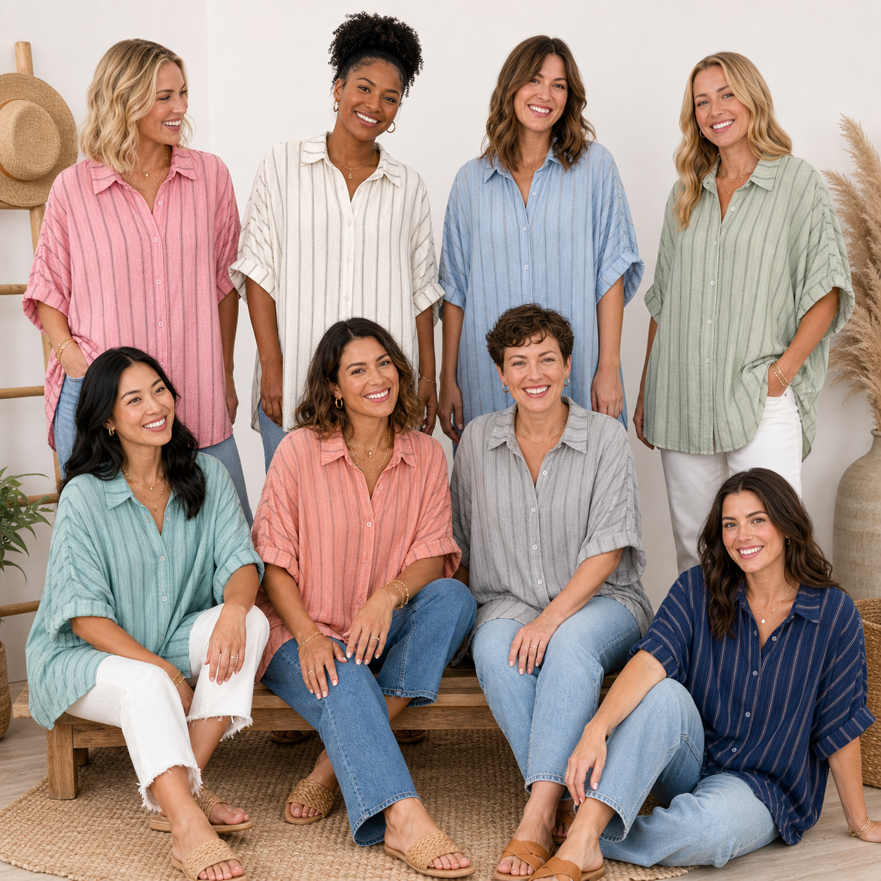 🔥Limited Deal 8-Pack Women's Cotton Linen Stripe Button-Front Tunic Blouses🔥